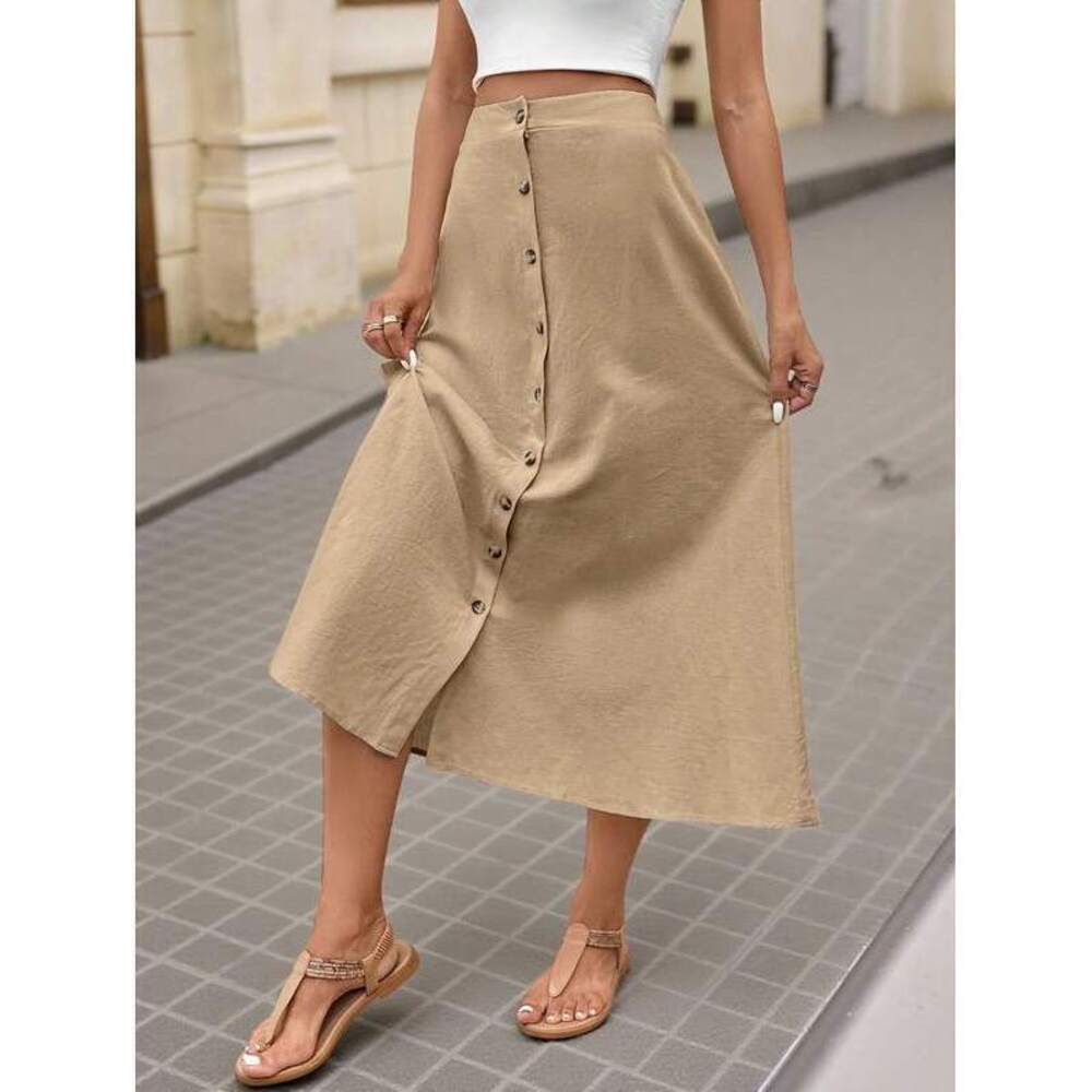 VCAY Solid Color High Waist Single-Breasted A-Line Midi Sk - Picture 4 of 6